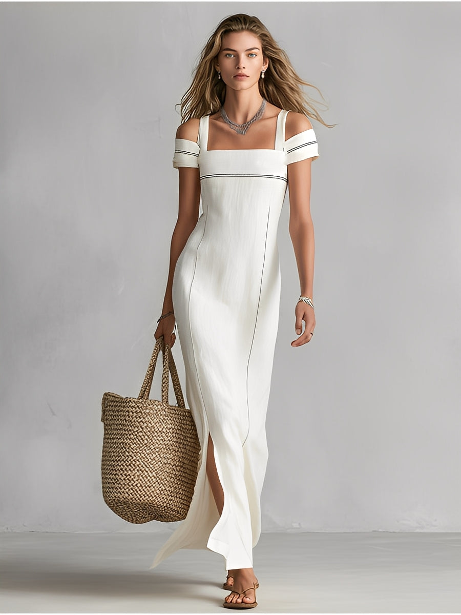 Women's White Textured Dress With Cold-Shoulder Design & Contrast Trim, Timeless Sleek-Chic Style  Dress MDZ1385A1I