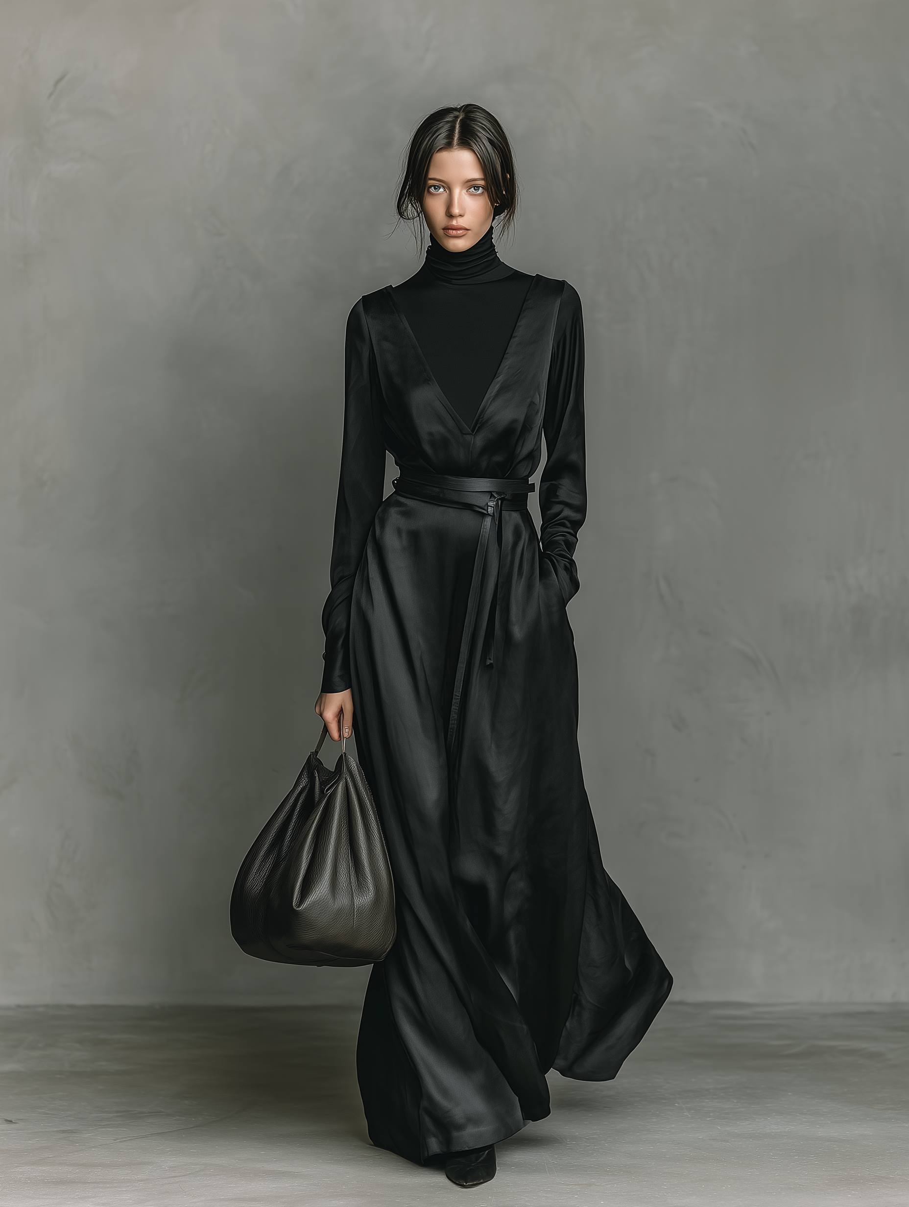 Women's Elegant Black Turtleneck Knitted Satin Two-piece Long-sleeved Dress (belt Not Included) MDA0875L2AN