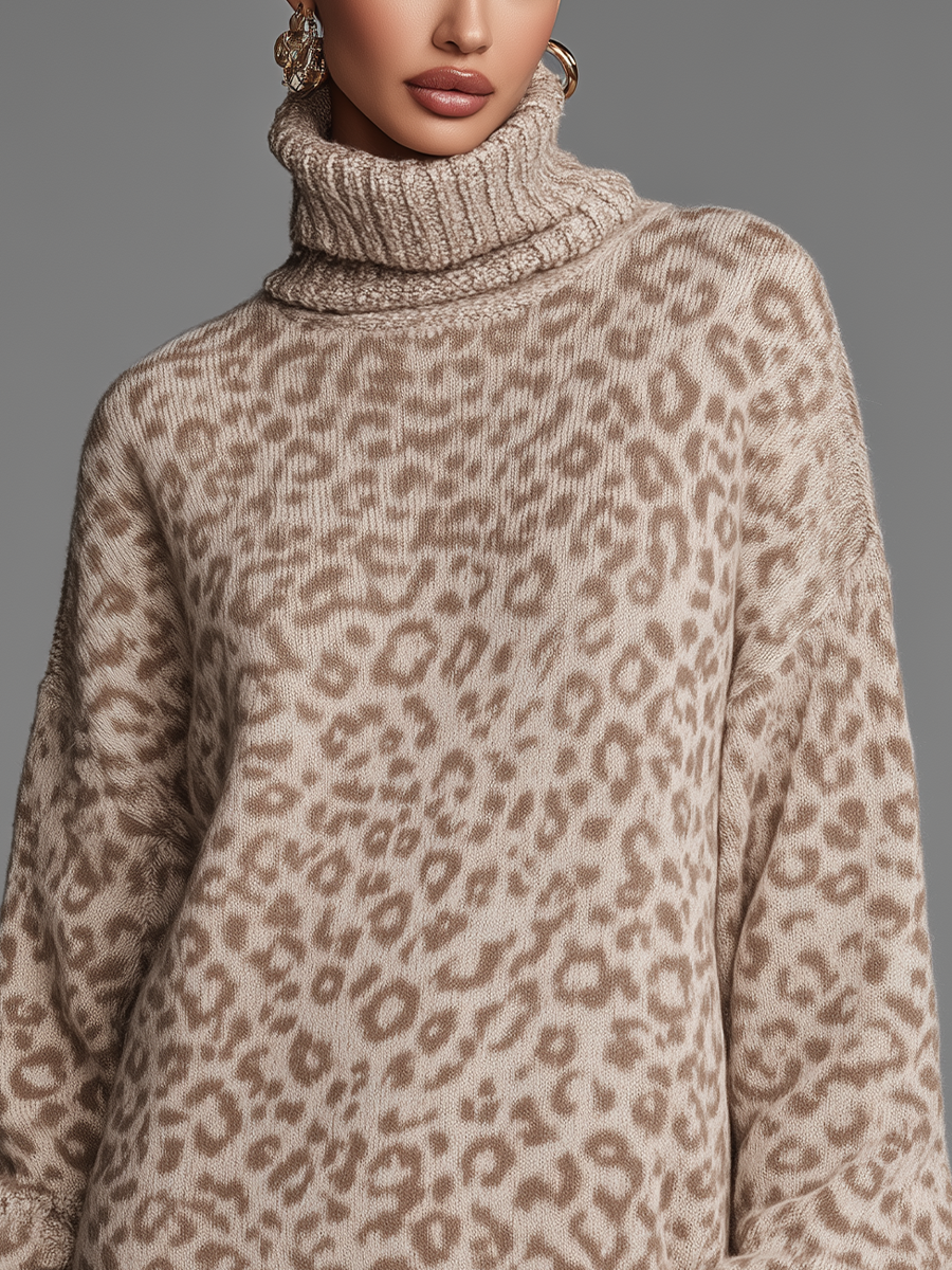 Women's Beige Leopard Print Knit Turtleneck Loose Sweater Mini Dress MDA0122K3T