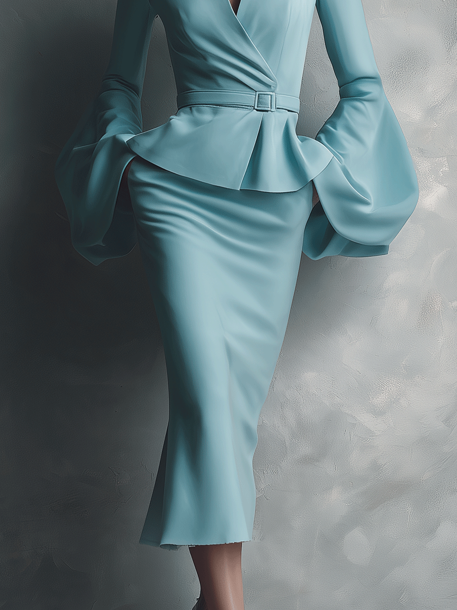 Women's Glacier Lake Blue Satin Flared Long Sleeve Commuter Two-piece Set MDA2975G0I