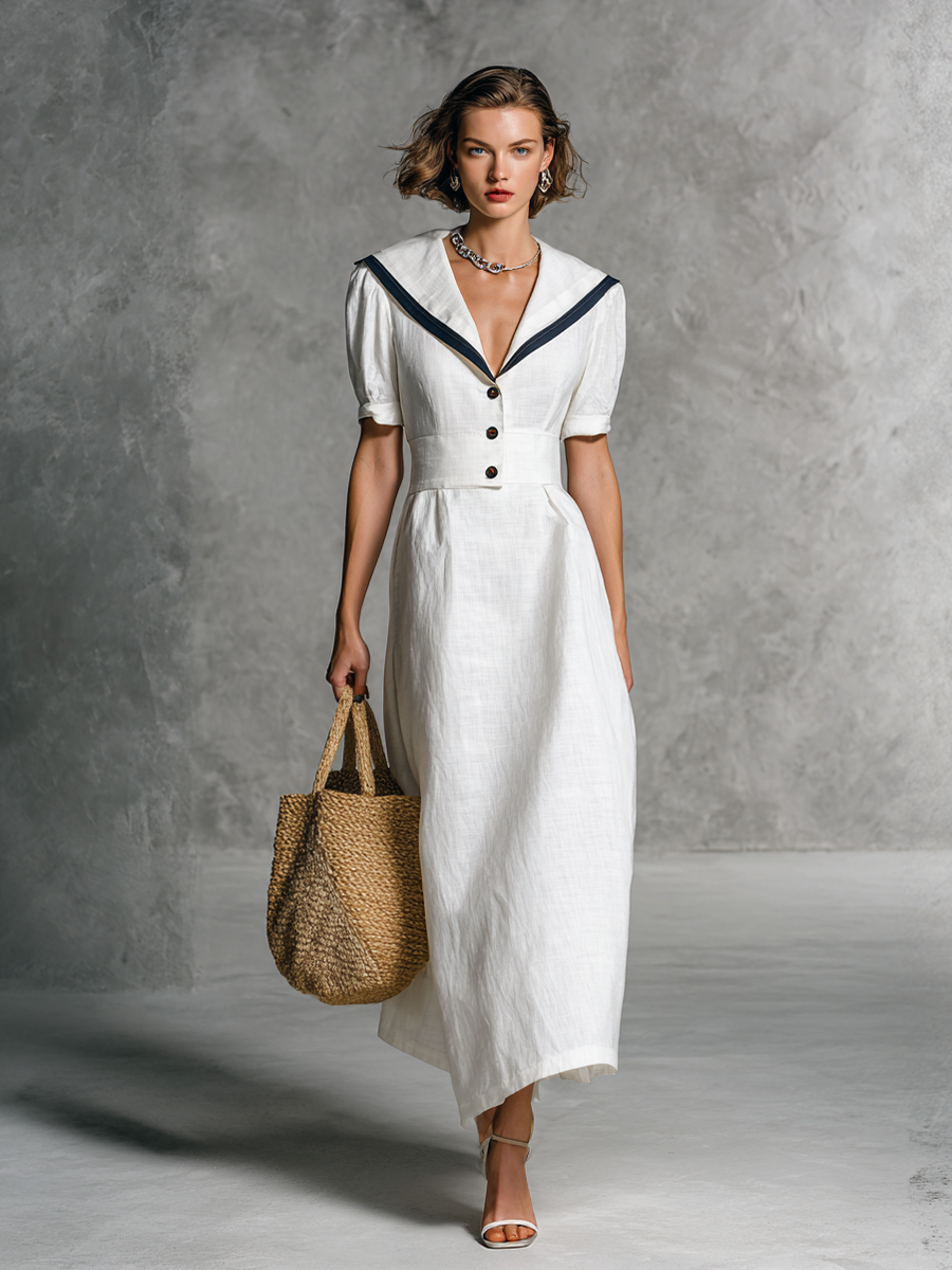 Women's Vintage White Cotton And Linen Mid-length Dress With A Sailor Collar MDZ2753A5BA