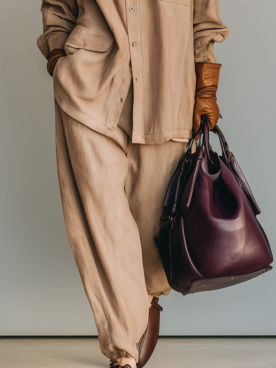 Women‘s Casual Long Sleeves Linen Shirt And Pants Two-piece Set MDA2486G5I
