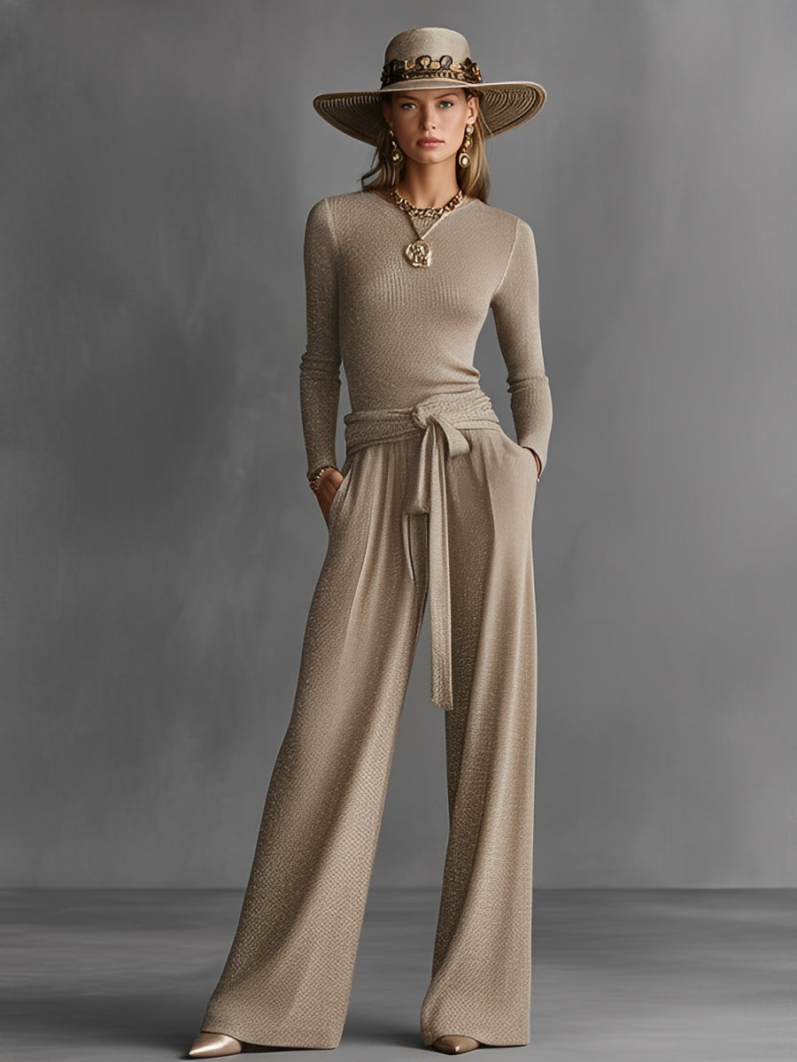 Women's Beige Lace-up Metallic Knit Jumpsuit MDA2944J0I