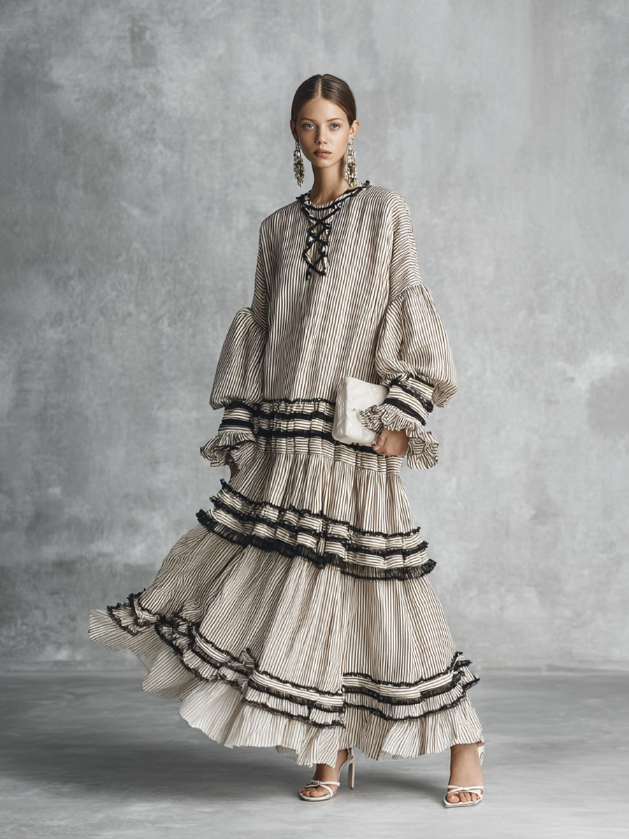 Women's Boho Striped Ruffle Tiered Cotton Blend Long Sleeve Maxi Dress MDZ1426B2BA