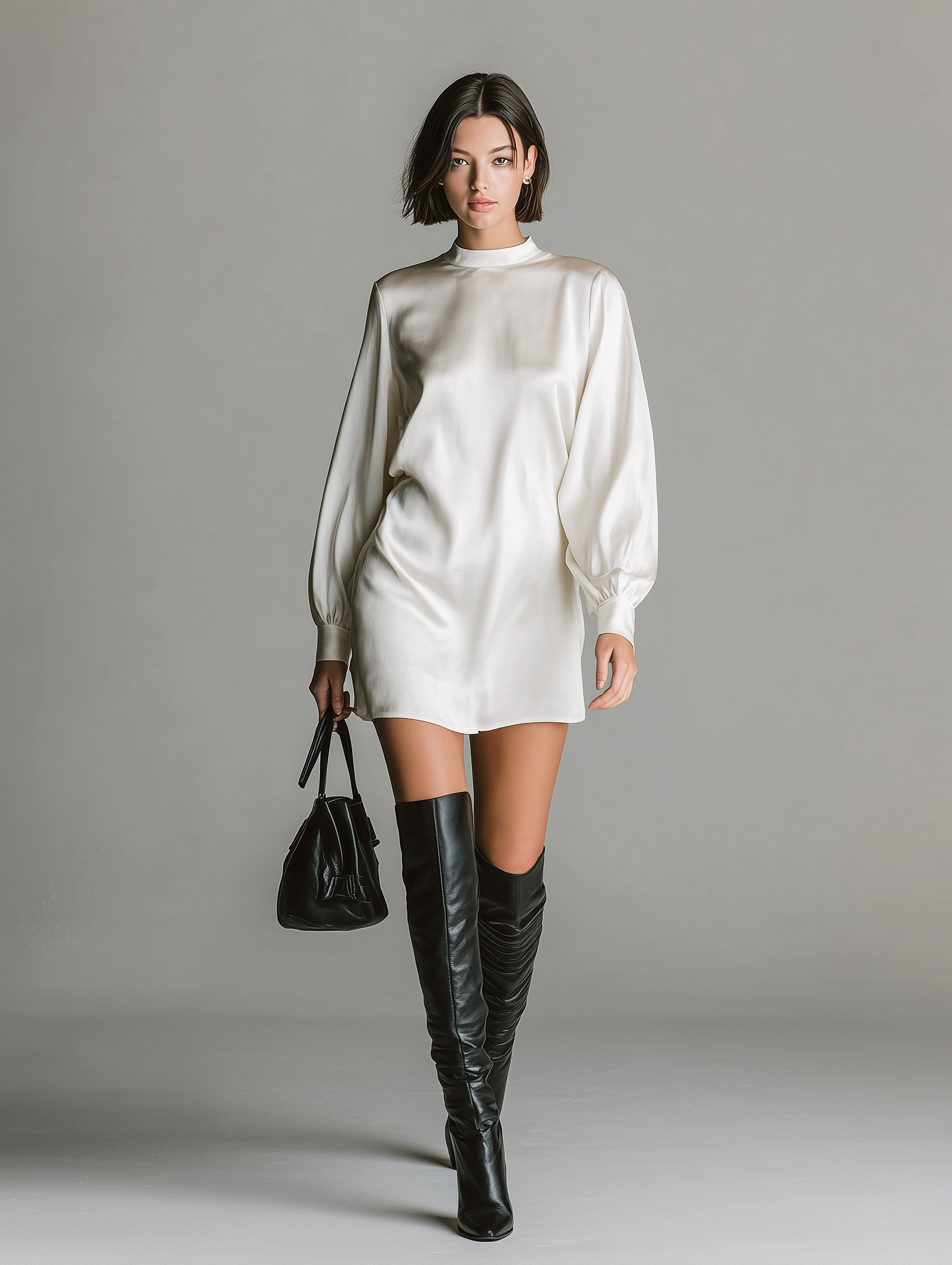 Women's Fashionable Casual White Glossy Satin Long-sleeved Loose Short Dress MDA2494K4AN