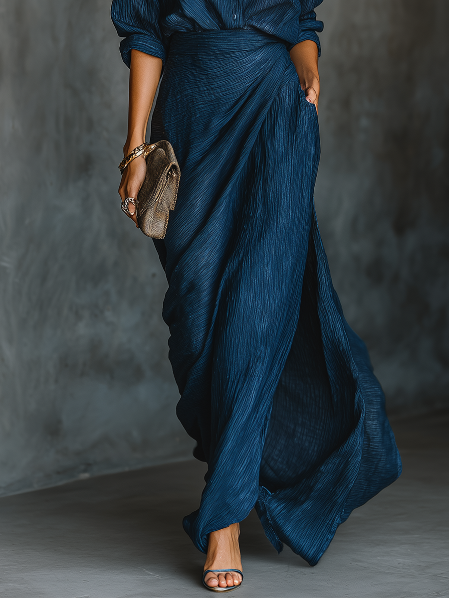 Women's Dark Blue Cotton And Linen Blend Maxi Dress: An Elegant And Versatile Set MDA0665H5T