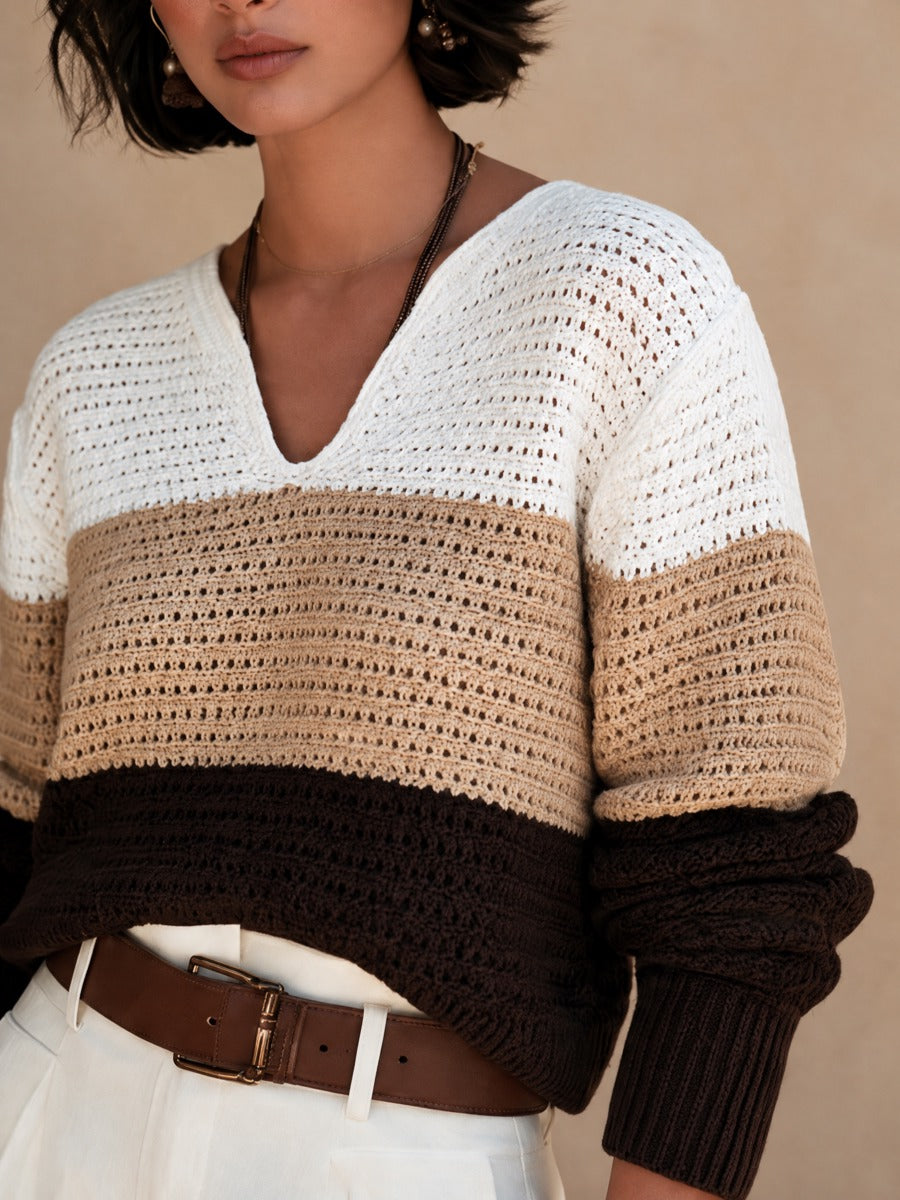 Women's Color Block V-Neck Open-Knit Sweater