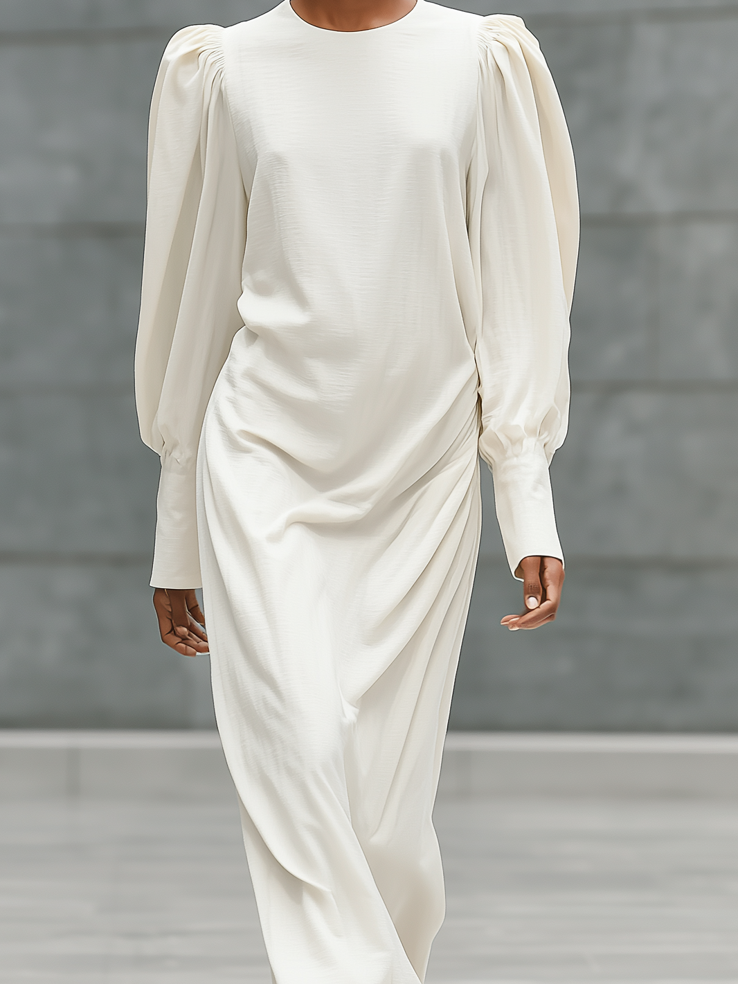 Women's Casual White Cotton And Linen Round Neck Loose Long-sleeved Maxi Dress MDZ1210A8AN