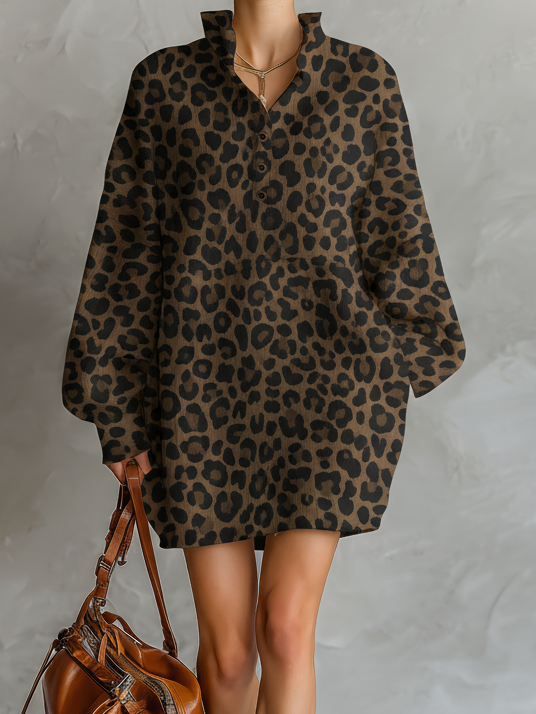 Women's Fashionable Brown Leopard Print Loose Open Neckline Long Sleeve Dress MDA1895L2AN