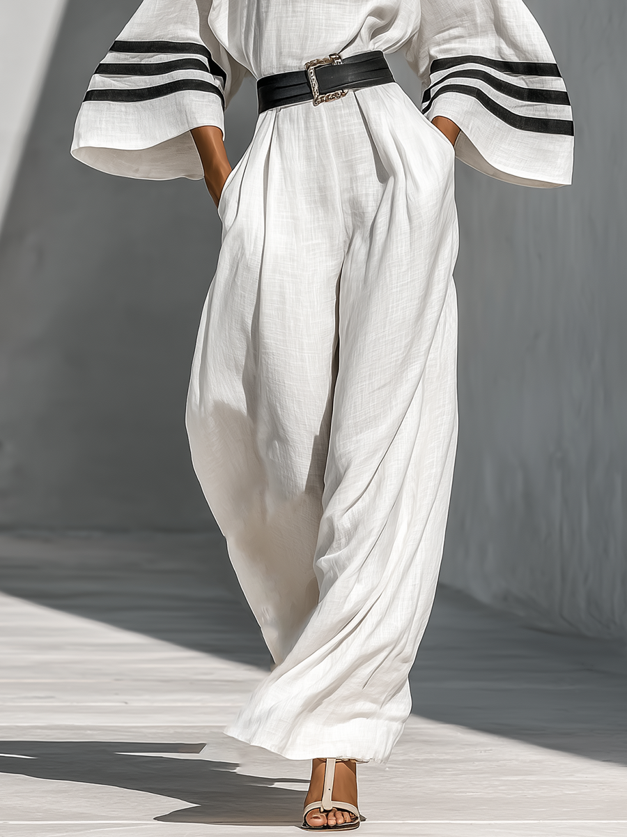 Women's Ivory Linen Fabric Wide-Sleeve Jumpsuit With Striped Cuffs & Belted Waist MDZ0690B3T