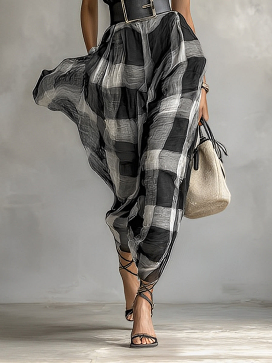 Women's Chiffon Plaid V-neck Cap Sleeve Belt Maxi Dress MDA1915G6Y