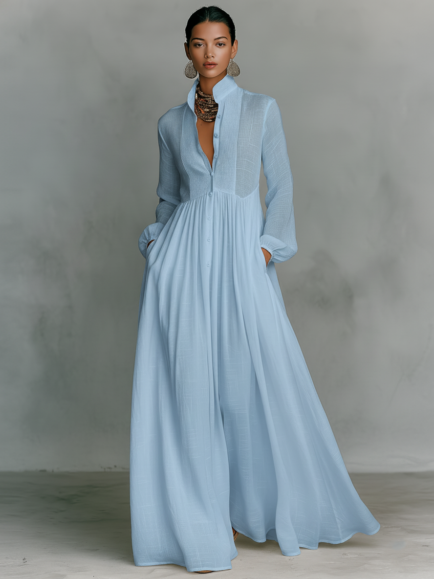 Women's Minimalist Tencel And Linen Patchwork Single-breasted Stand-up Collar Long-sleeved Maxi Dress MDA0658K6Y