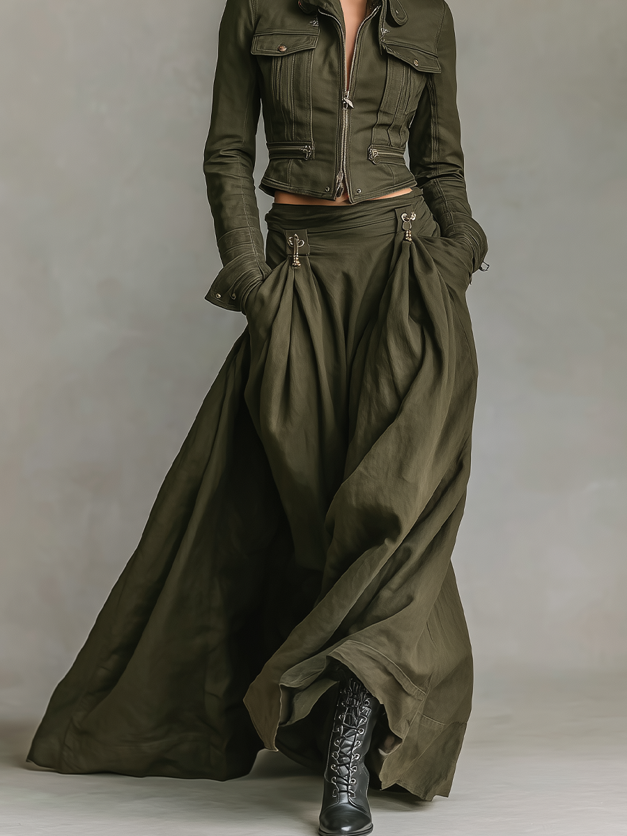 Women's Green Edgy Linen - Blend Zip - Front Cropped Jacket And Maxi Skirt Set MDA1819I7I