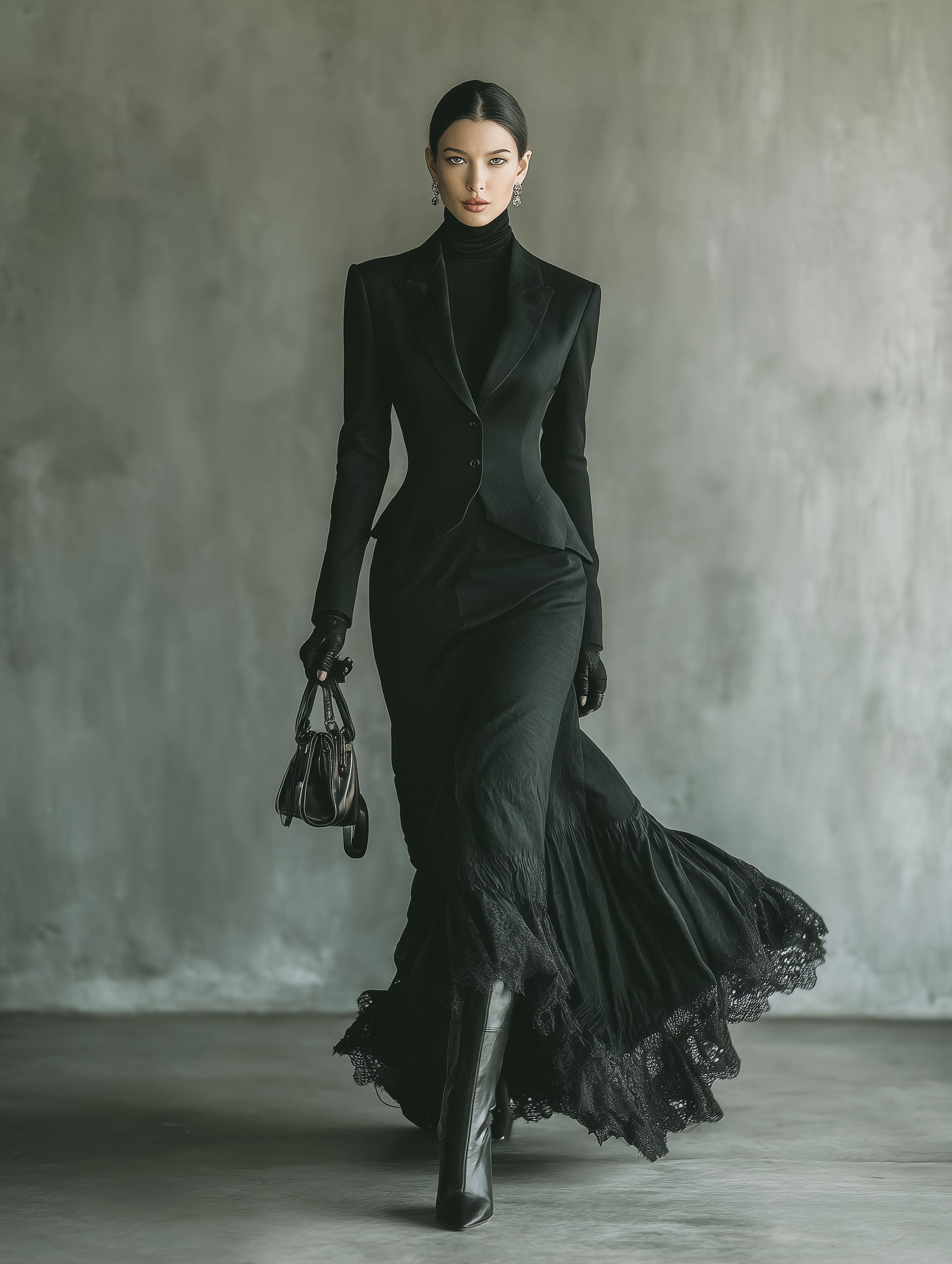 Women's Lace-Trimmed Cotton Blend Black Skirt Set MDA0142H3T