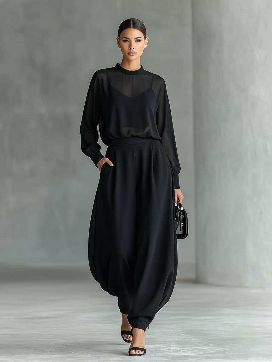 Women's Minimalist Chiffon Blouse And Wide-leg Trousers Set MDA1706L1Y