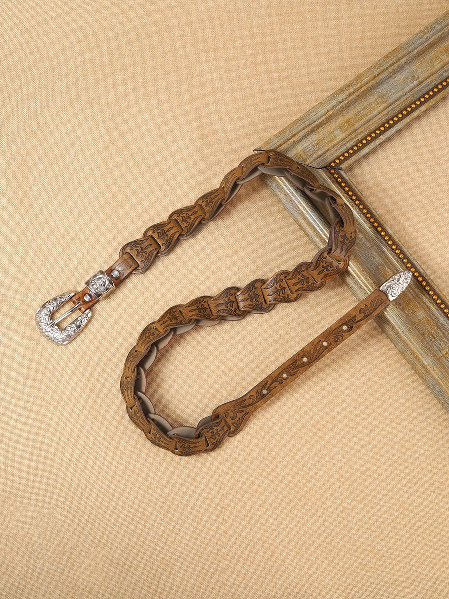 Women's Elegant Western - Style Faux Leather Floral - Embossed Waist Belt MDA1699H5I