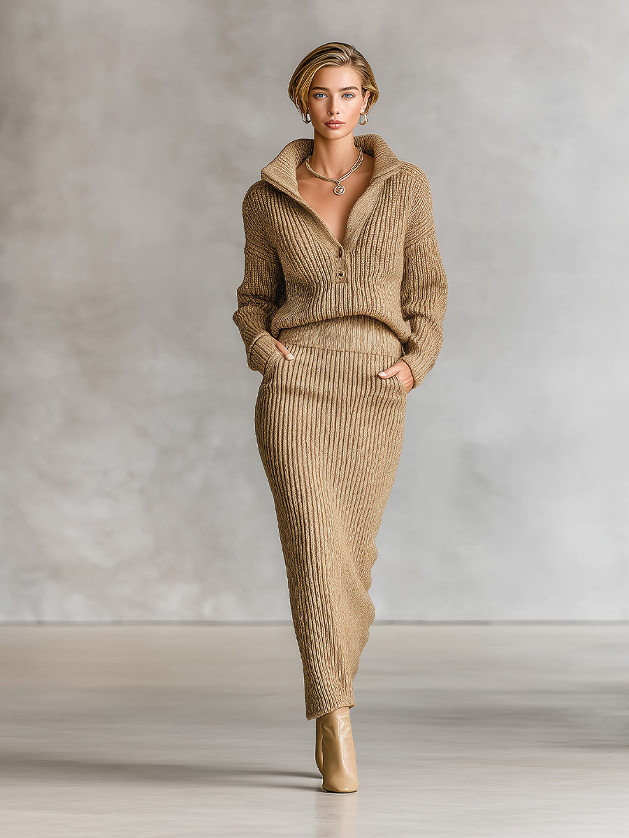 Women's Camel Elegant Ribbed Knit Collared Button - Front Midi Sweater Set MDA2688I7I