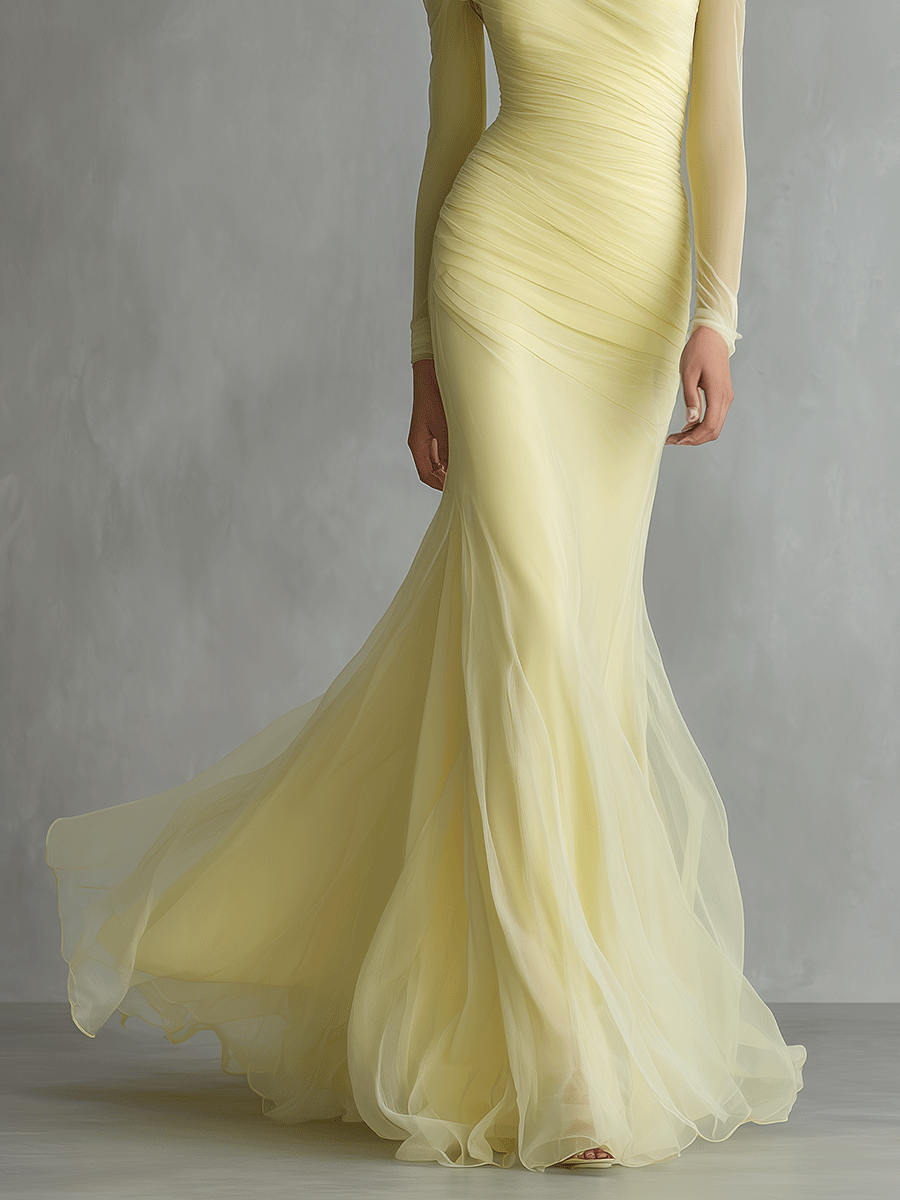 Women's Light Yellow Chiffon Glamorous Draped Evening Gown Maxi Dress MDA0542I5I