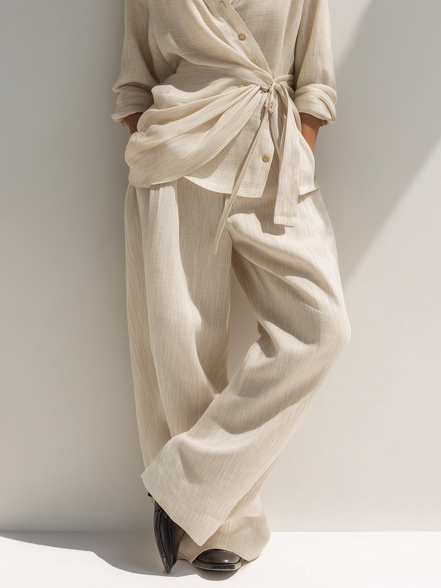 Women's Neutral Beige Chic Linen Wrap - Front Co - Ord Set MDA0886H1I