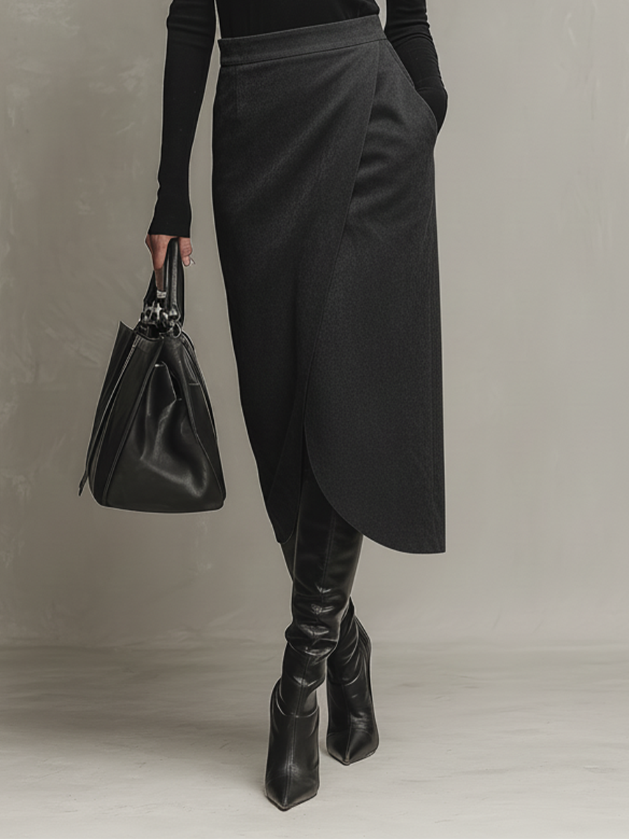 Women's Black Stretchy Knit Turtleneck Top & Charcoal Wrap-Asymmetric Midi Skirt Set MDA1550L7T