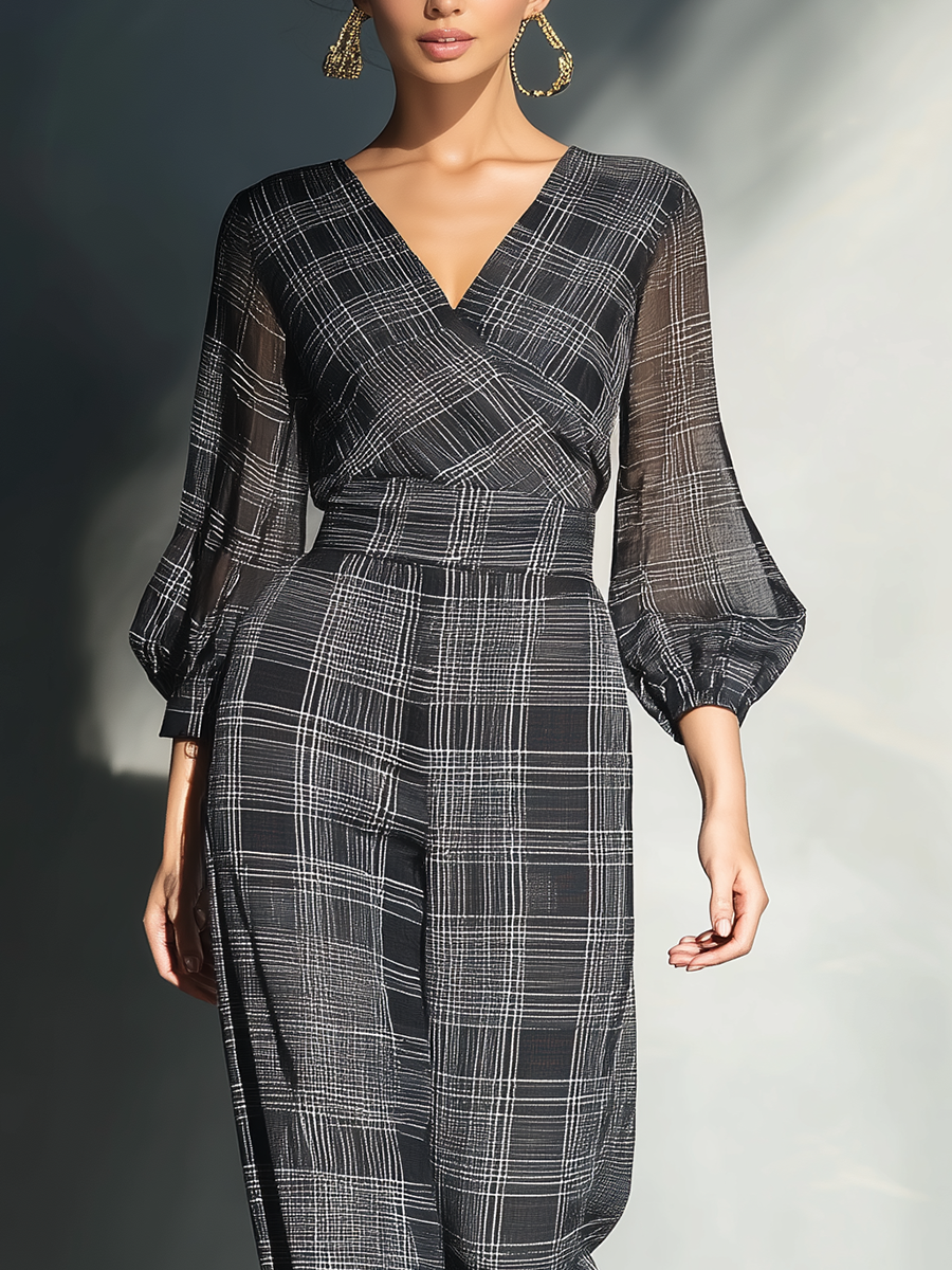Women's Plaid V-Neck Cotton-Linen Jumpsuit MDA2297G7T
