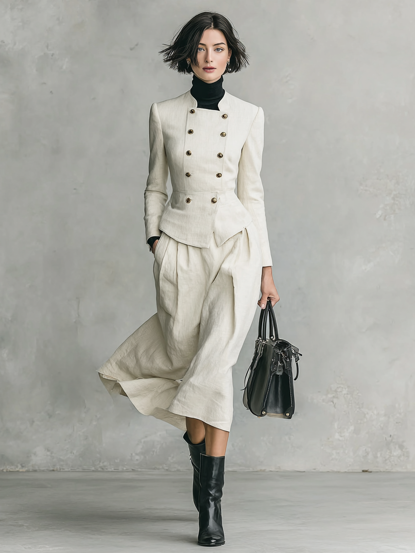 Women's Solid Color Double-breasted Stand-up Collar Blazer And Skirt Set MDA2796H0Y