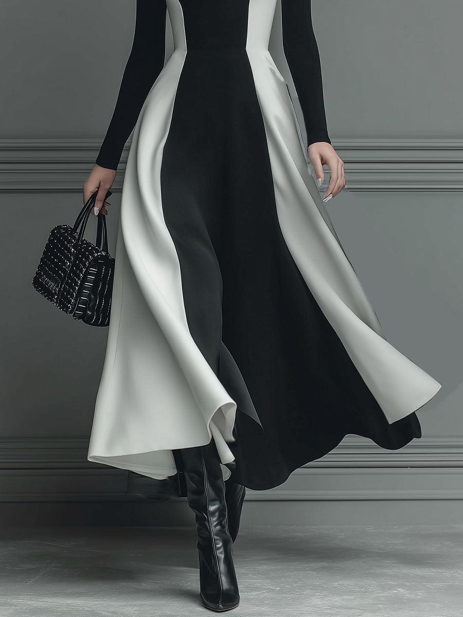 Women's Black And White Stitching Knitted Maxi Dress MDA0326I6T