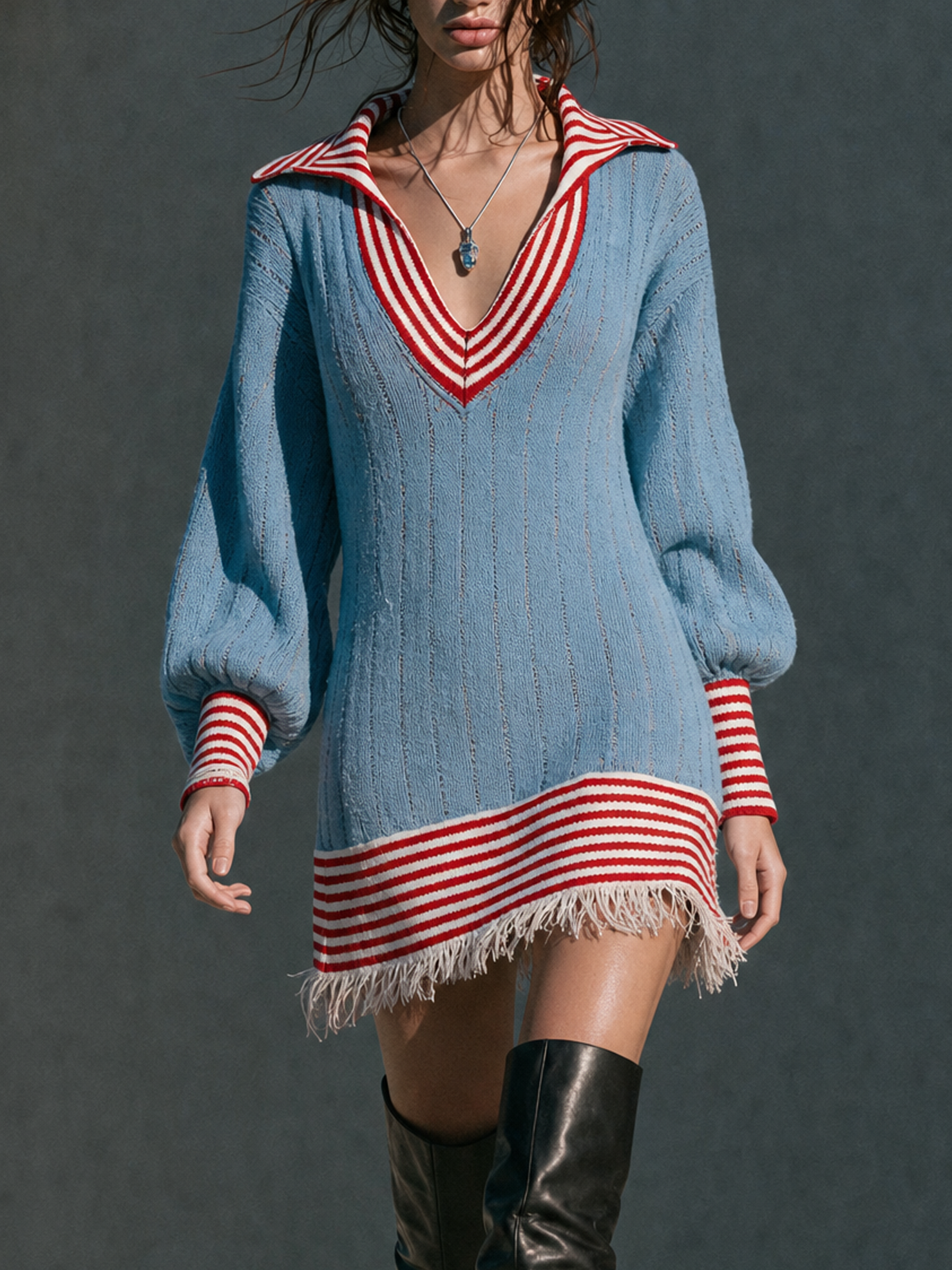 Women's Retro Color-Block Striped V-Neck Sweater Dress With Raw Hem MDZ1951H0WY