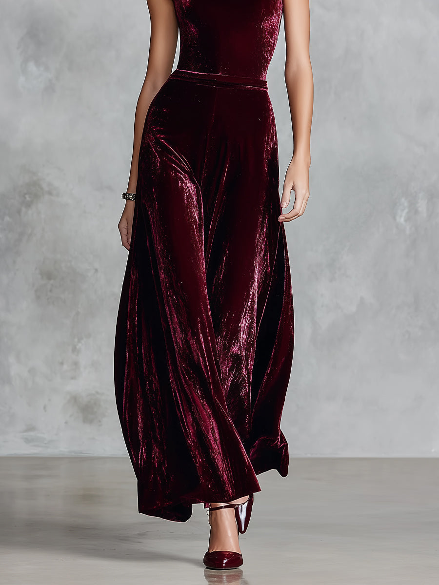 Women's Burgundy Elegant Velvet Mock - Neck Sleeveless Maxi Dress MDA1828I6I