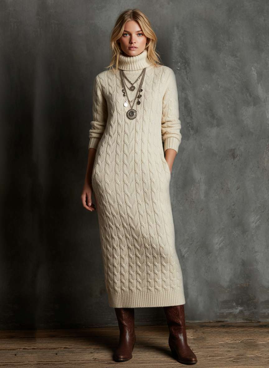 Women's Straight Cable Knit High Neck Maxi Dress MDA0499K6Y