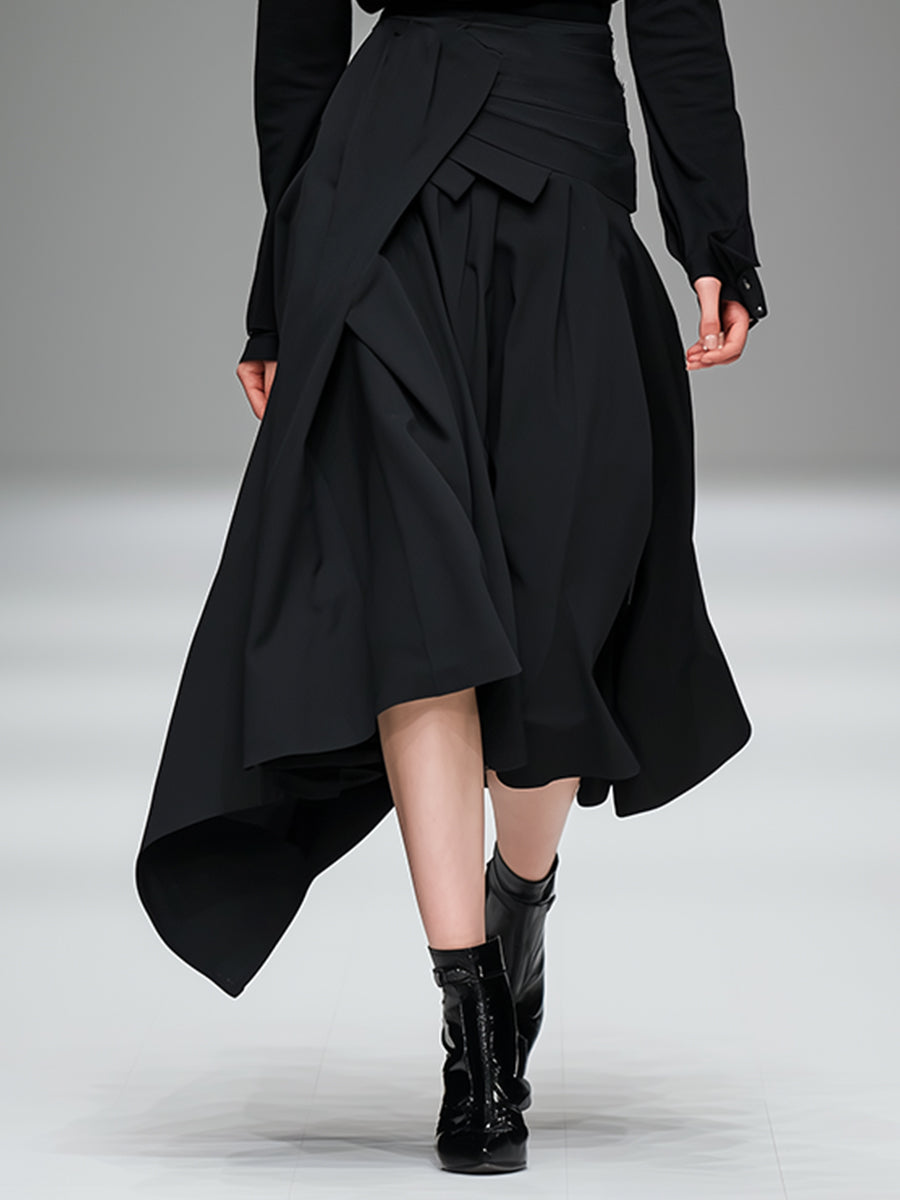 Women's Black Versatile Matching Set With Pleated Skirt & Relaxed Top, Sophisticated Everyday Style Set MDA0503L2I