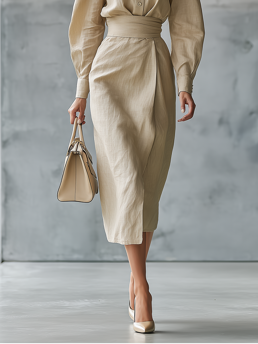 Women's Beige Linen Collared Shirt And Fitted Midi Skirt Suit Set MDA0917L9T