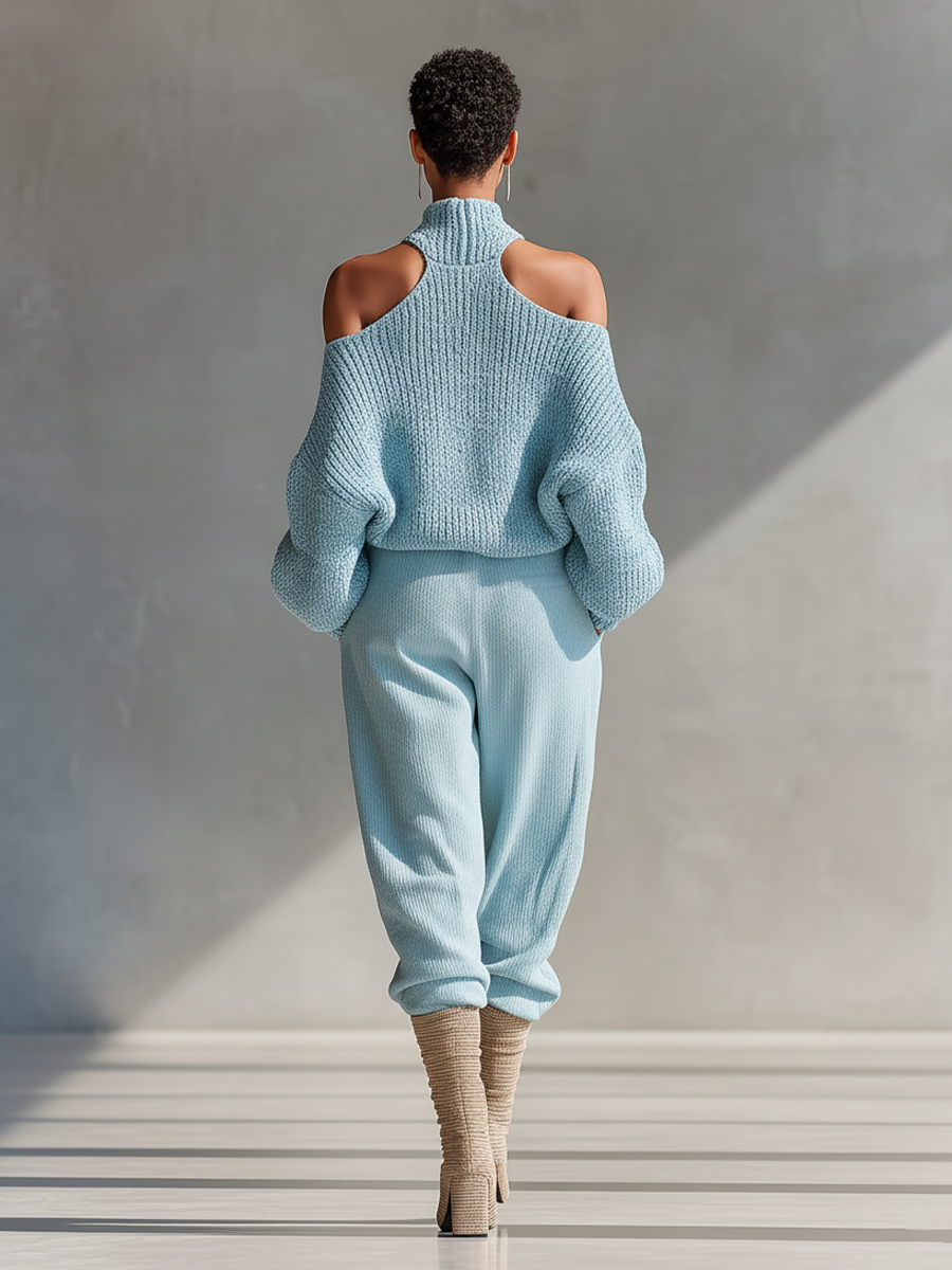 Women's Light Blue Turtleneck Off-shoulder Knit Top And Wide-leg Trousers Suit MDA0726K7T
