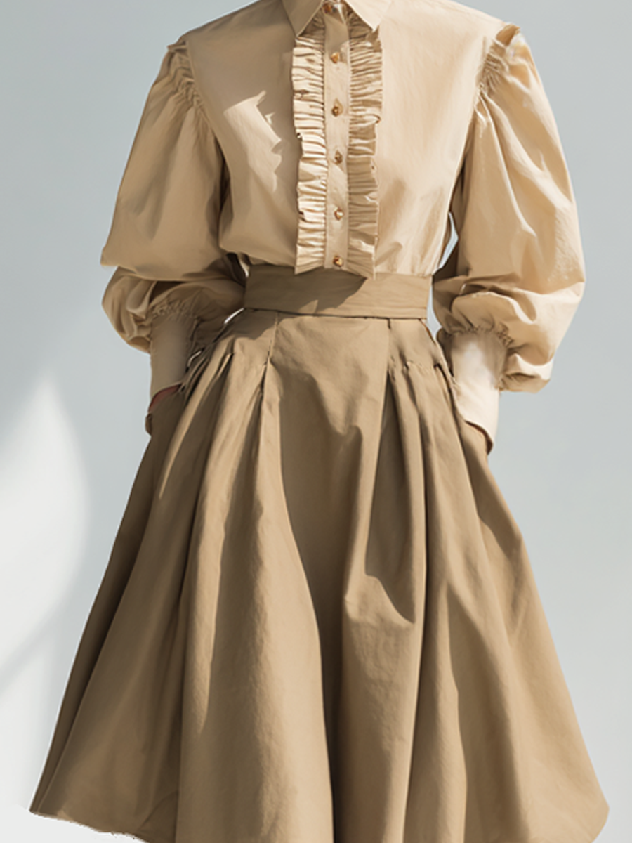 Women's Beige Ruffled Blouse And High-Waist A-Line Midi Skirt Set MDA2151K1AP