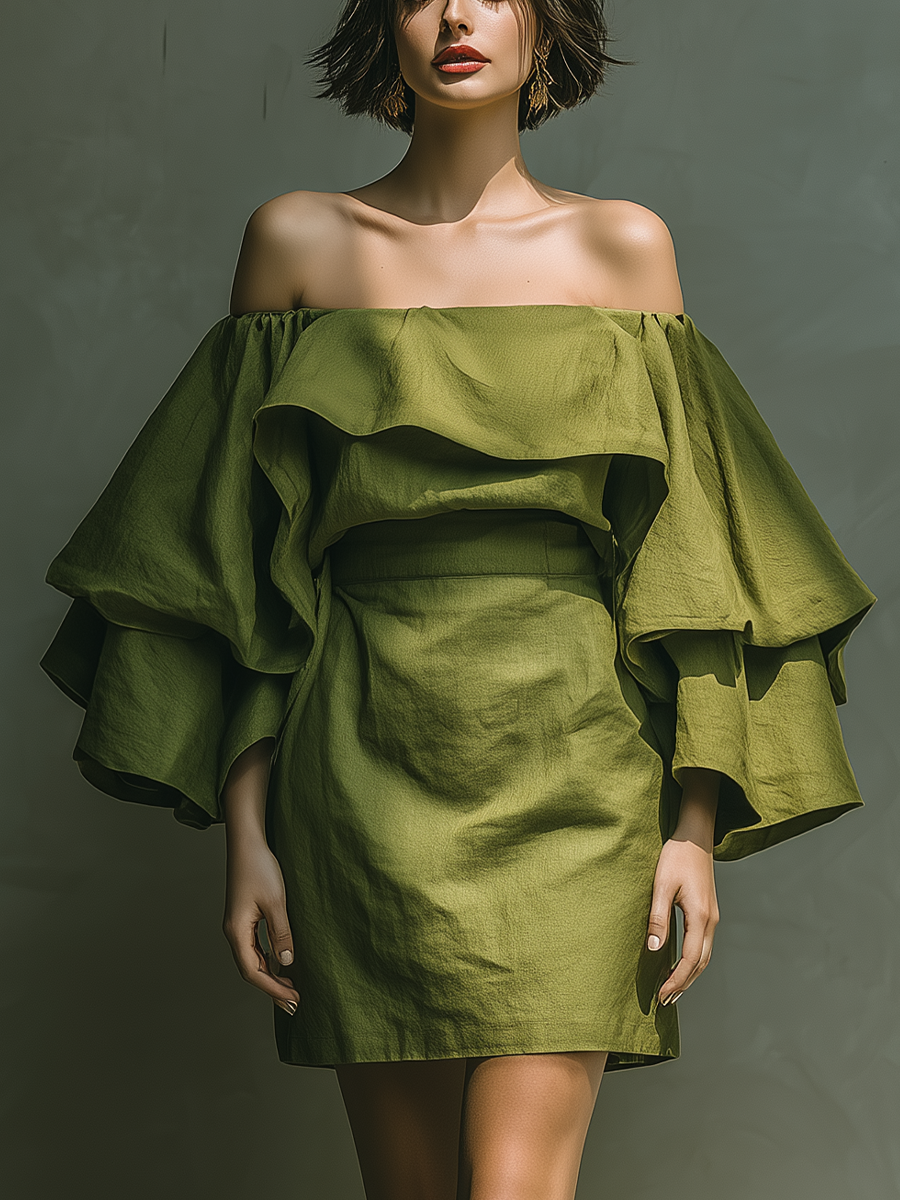 Women's Green Linen Off-the-shoulder Dress With Ruffled Long Sleeves MDZ1264A8T