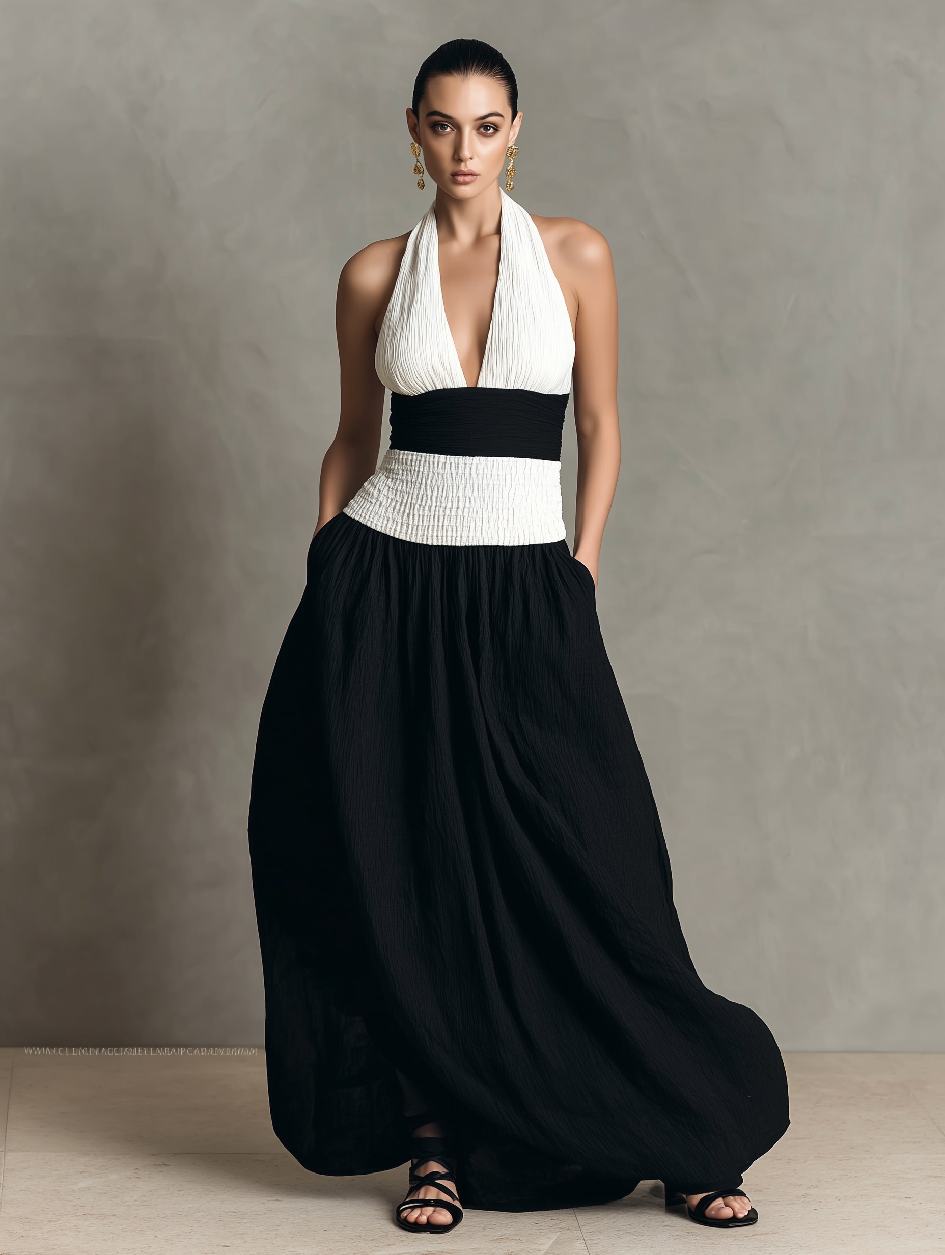 Women's Minimalist Halter Neck Color-blocked Maxi Dress MDZ2714B3Y