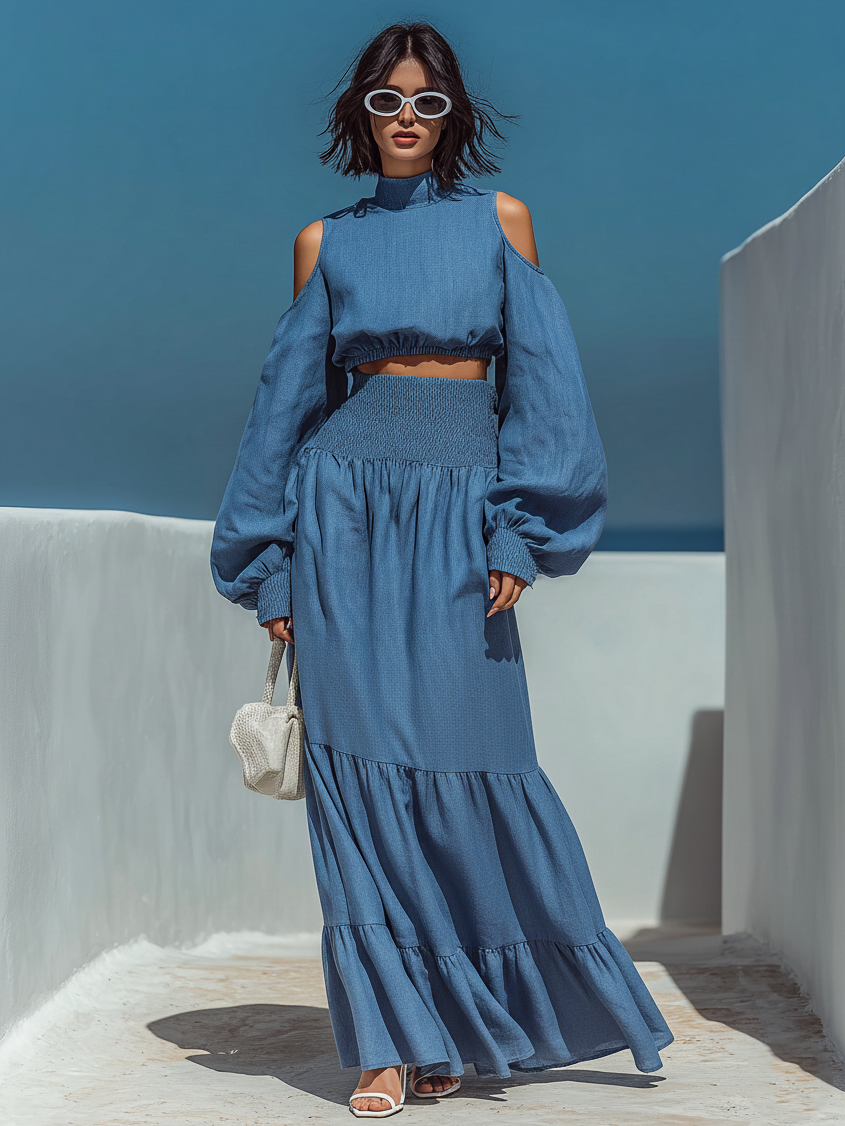 Women's Minimalist Linen-blend Short Blouse And Floor-length Skirt Set MDA2390L9Y