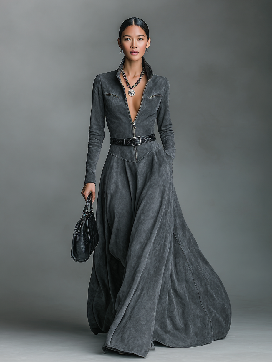 Women's Solid Color Environmentally Friendly Suede Zippered Stand Collar And Floor Maxi Dress (without Belt)MDA0188H9Y