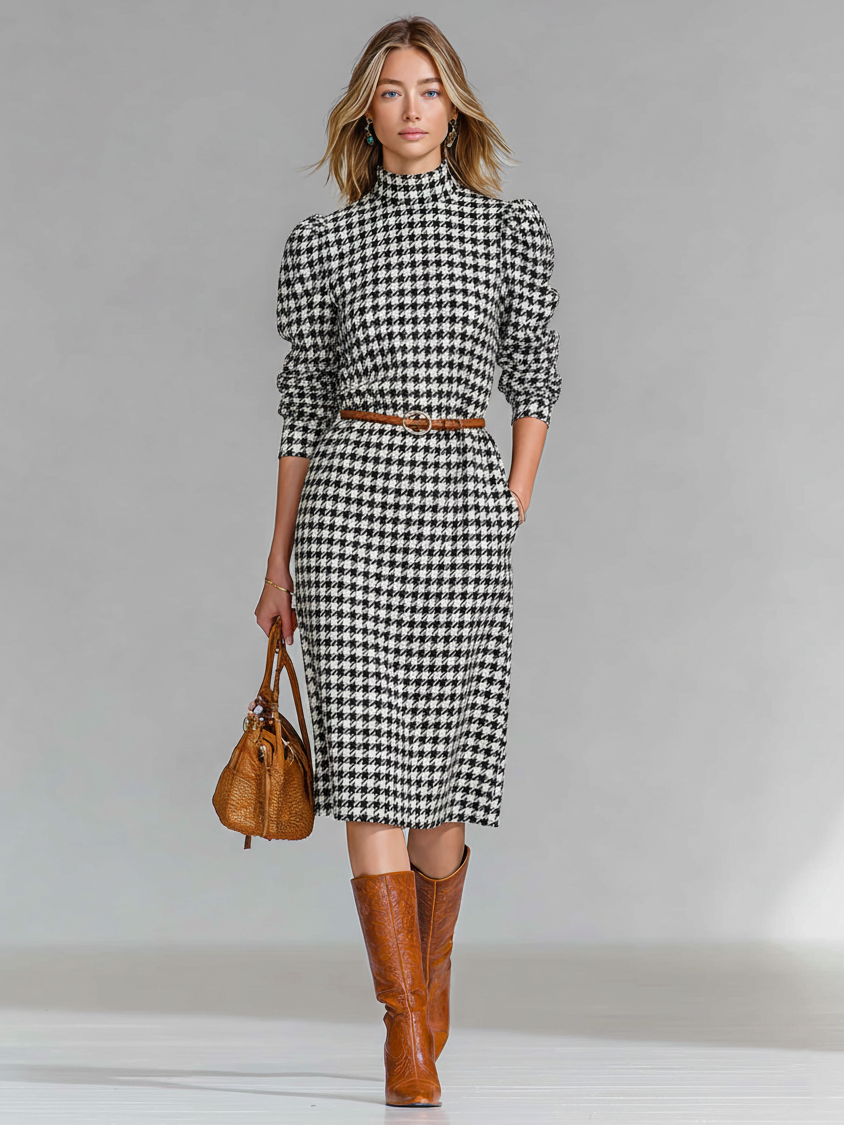 Women's Houndstooth Half-Turtleneck Long-Sleeved Belted Midi Dress MDA2905I9Y
