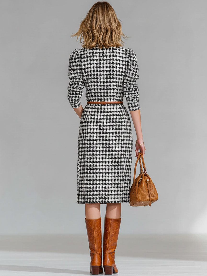 Women's Houndstooth Half-Turtleneck Long-Sleeved Belted Midi Dress MDA2905I9Y
