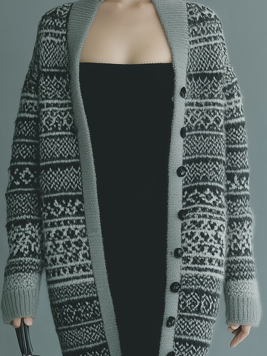 Women's Gray And Black Jacquard Knitted Loose Casual Cardigan MDA0970I4T