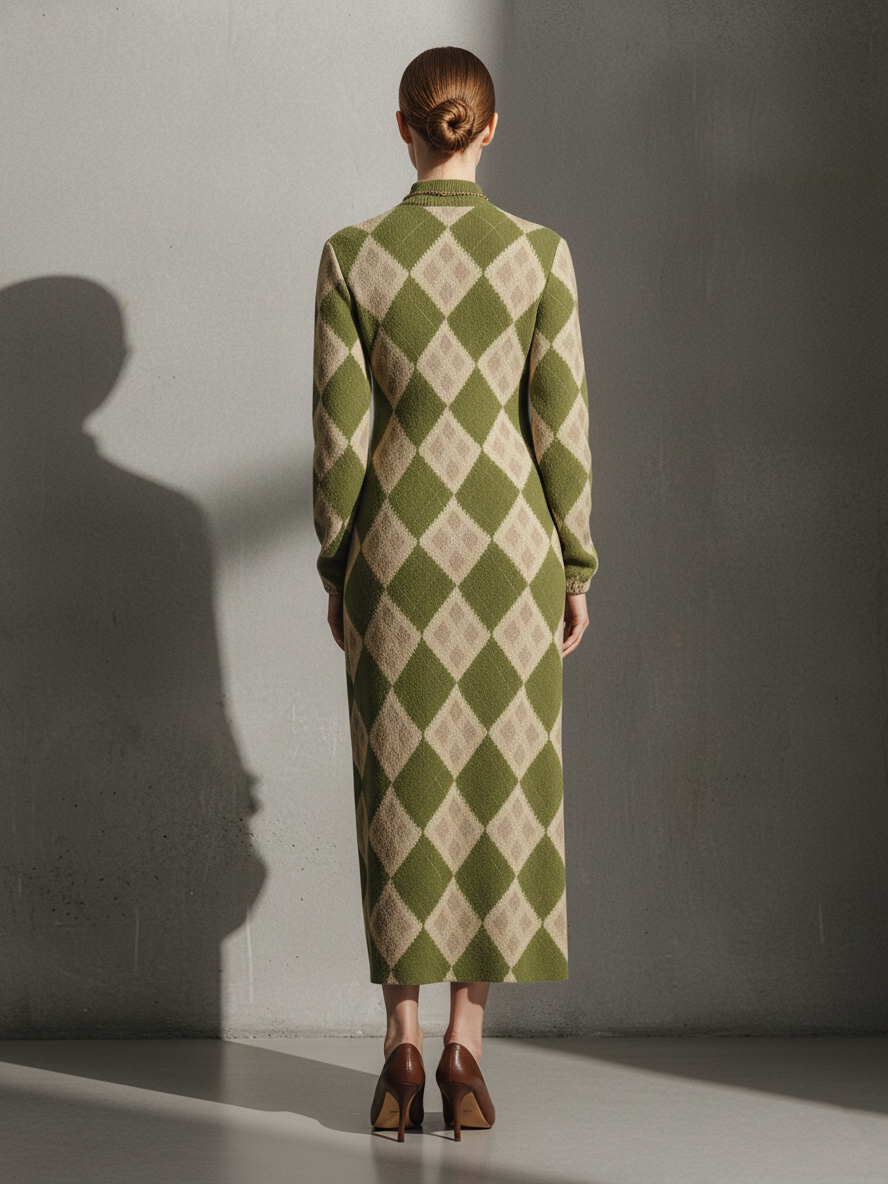 Women's Preppy Knit Olive & Beige Argyle Mock-Neck Pocketed Midi Dress MDA1745L3AU