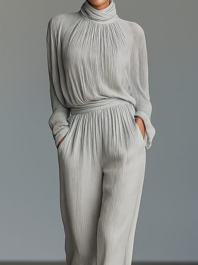 Women's Fashionable And Casual Gray Pleated Long-sleeved Turtleneck Top Paired With Wide-leg Trousers Of The Same Fabric MDA2418K8AN
