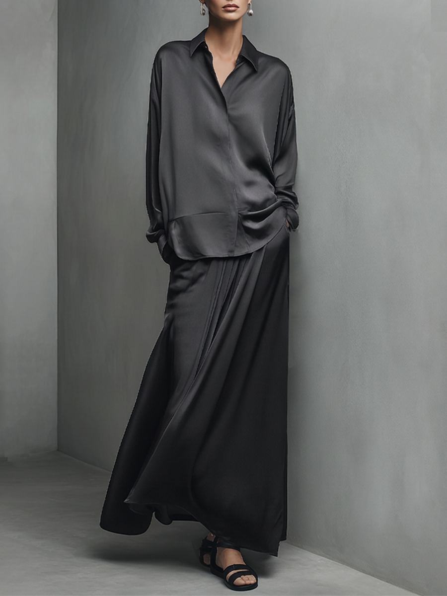 Women's Black Glossy Satin Matching Outfit With Turn Down Collar Shirt & Wide Swing Maxi Skirt, Versatile Evening Vacation Two-Piece Set MDZ1375G3LYL