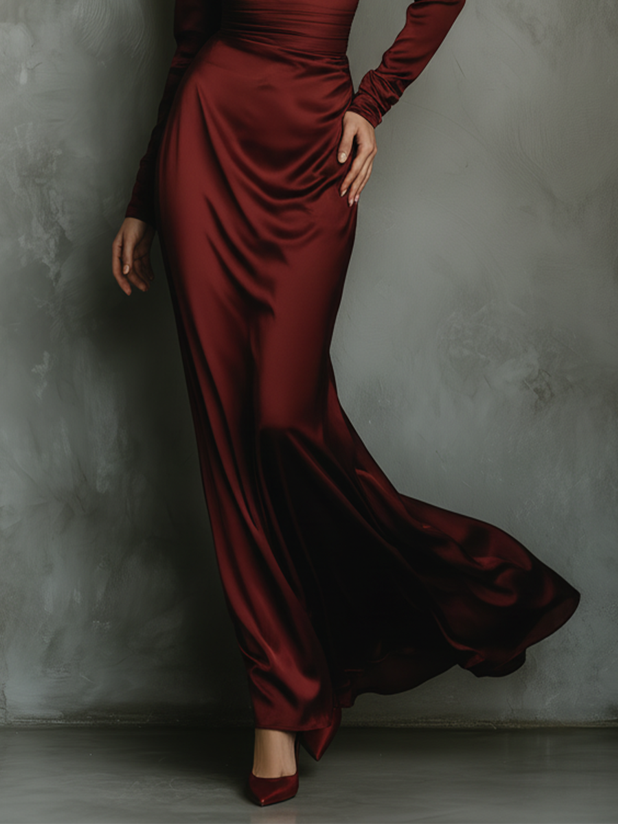 Women's Burgundy Satin Fitted Long-sleeved Evening Dress MDA2825K8T