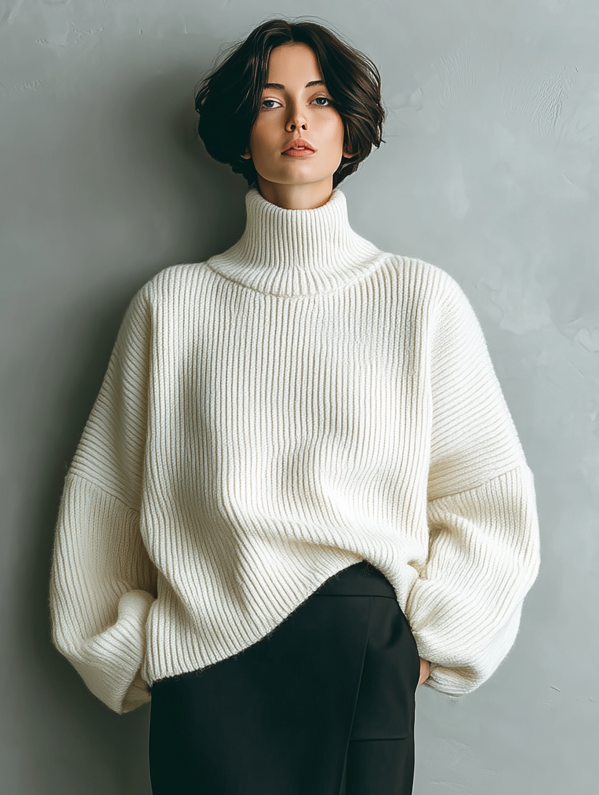 Women's Elegant And Sophisticated White Turtleneck Knitted Loose Long-sleeved Pullover Paired With A Black Fitted Midi Skirt MDA1787K9AN