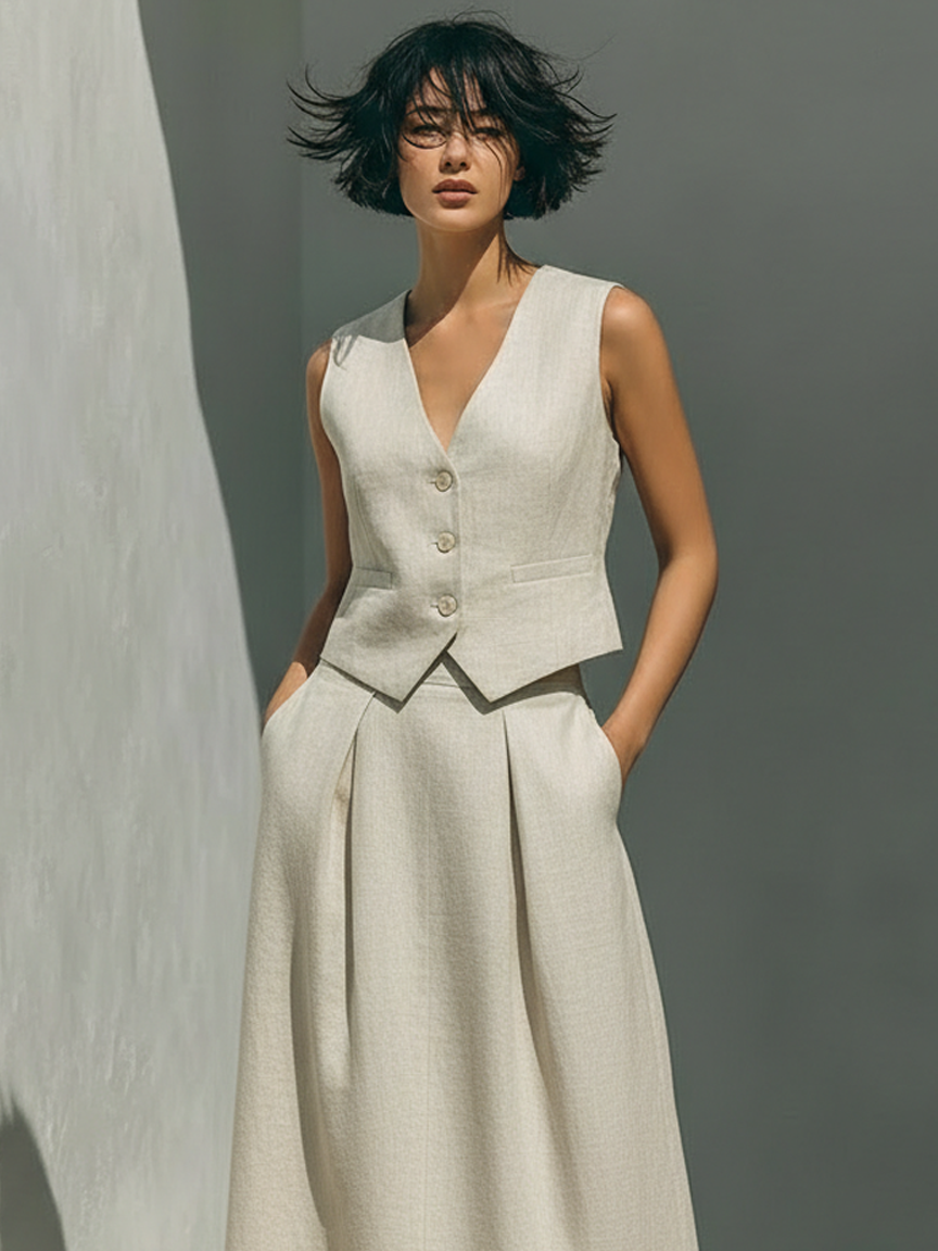 Women's Minimalist Linen Blend Vest And Skirt Set MDZ2652B0Y