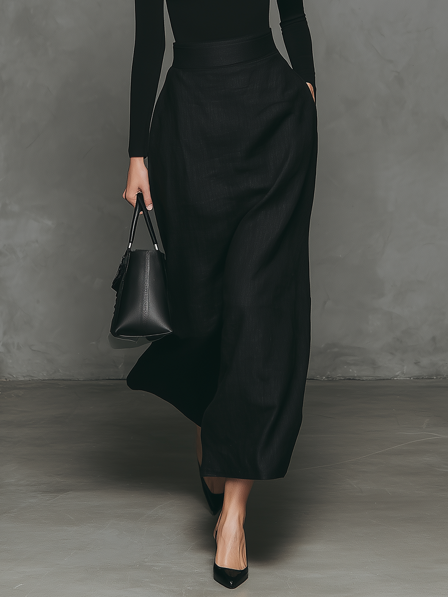 Women's Black Knitted Square-neck Top And Linen High-waisted Skirt Set MDA1758L7T