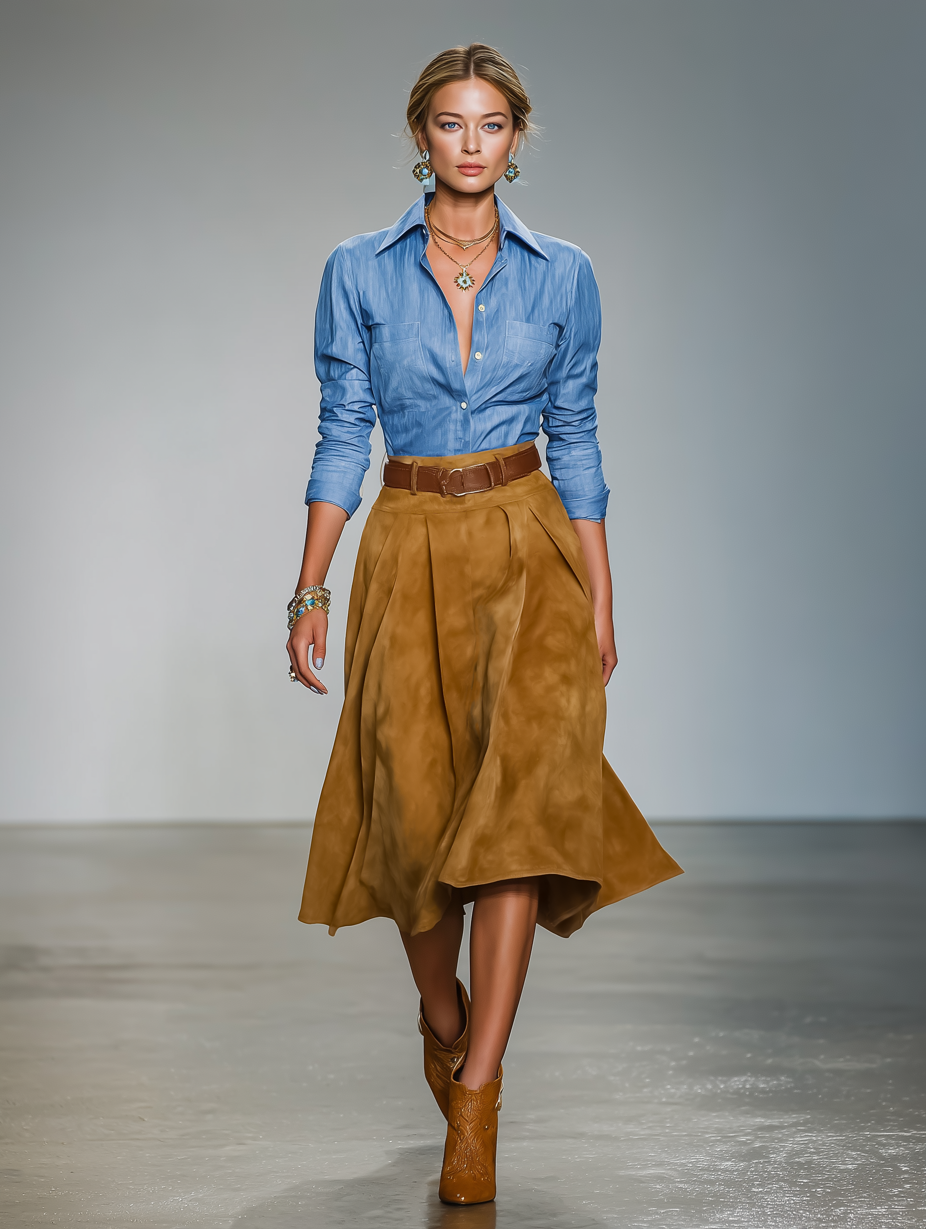 Women's Minimalist Shirt And Faux Suede Skirt Set (belt Not Included) MDA2745K9Y