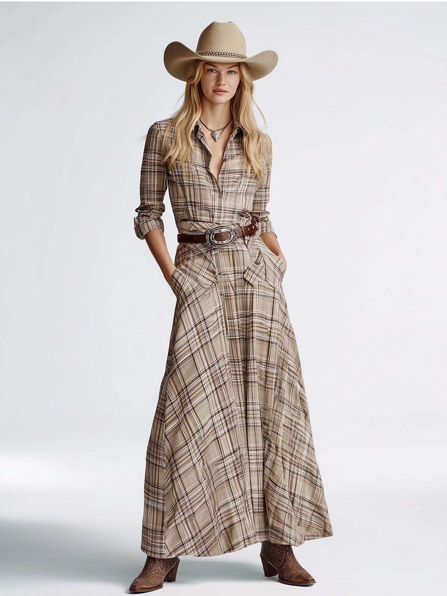 Women's Beige Plaid Shirt Dress With Maxi Length & Tie-Waist, Retro Western Fashion Dress MDA2706J2I